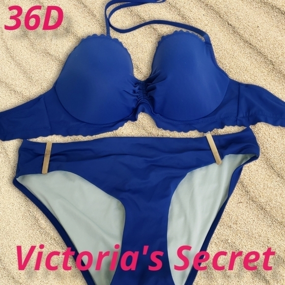VICTORIA'S Secret Royal Blue Scalloped Edge Bikini Underwire Top Only 36D EUC - Picture 1 of 8